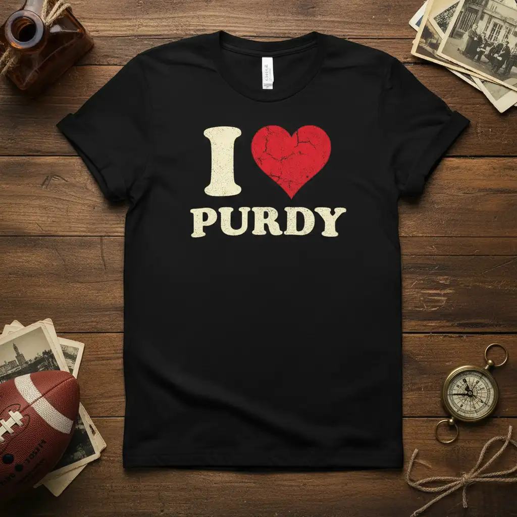 I Love Purdy distressed graphic tee with cream text and red heart symbol