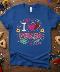 Royal blue t-shirt with "I Love Purim" text, glitter hearts, masks, and hamantaschen graphics for Jewish holiday celebration