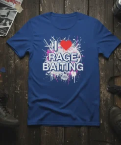 I LOVE RAGE BAITING t-shirt design featuring bold white text, a red heart, and a distressed skull graphic with pink