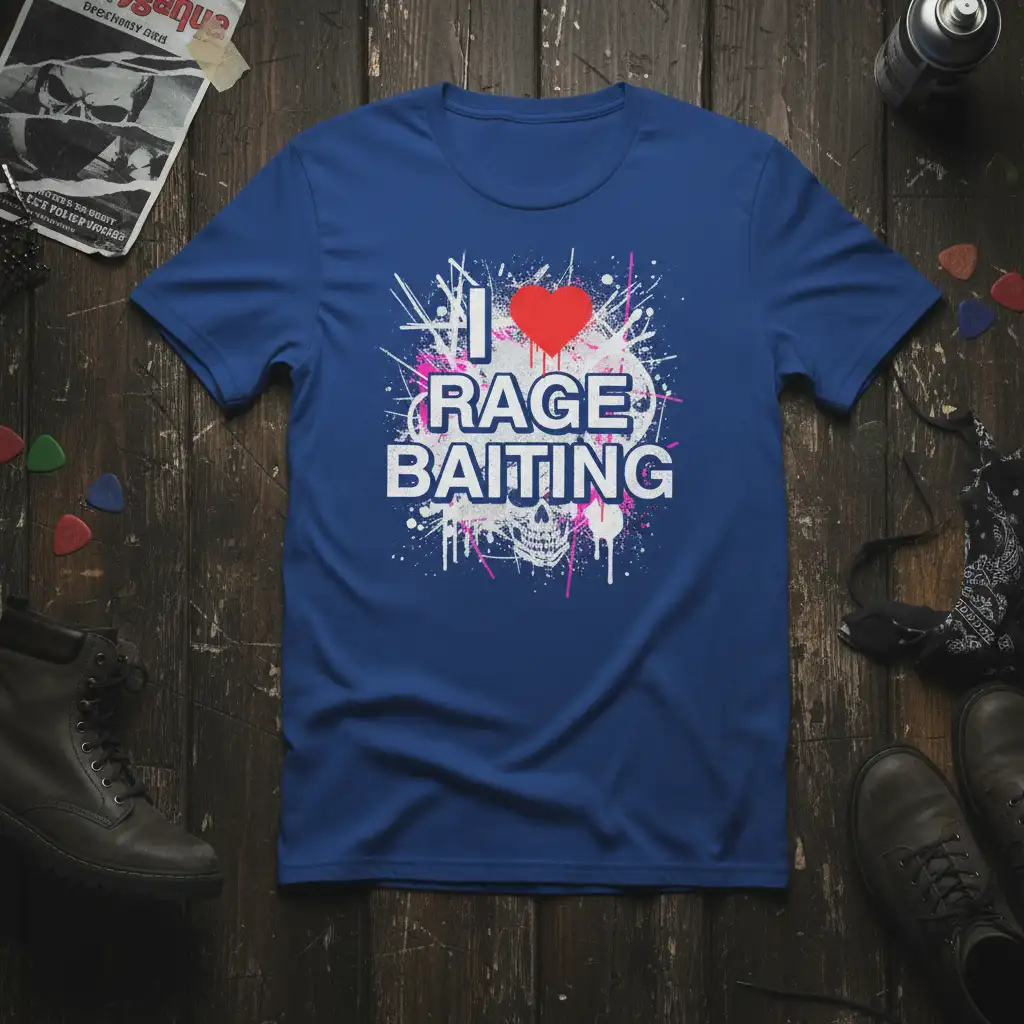 I LOVE RAGE BAITING text with red heart and skull graphic on a distressed background, perfect for a sarcastic fishing t-shirt