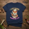 I Love Ramen Noods Are Life text with a cute fox chef holding a bowl of ramen on a navy