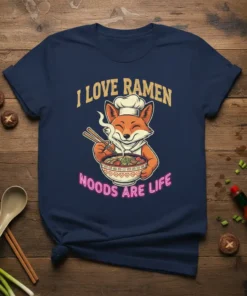 I Love Ramen Noods Are Life text with a cute fox chef holding a bowl of ramen on a navy