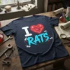 I Love Rats T-Shirt design featuring a white 'I', a red geometric heart, and blue 'RATS' text with small white