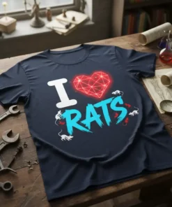 I Love Rats T-Shirt design featuring a white 'I', a red geometric heart, and blue 'RATS' text with small white