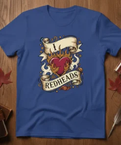 I Love Redheads tattoo heart design with flames and banners on a blue t-shirt