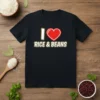 Black t-shirt with "I Love Rice & Beans" graphic featuring a red heart