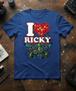 I Love Ricky T-Shirt with a red geometric heart and mechanical gears graphic
