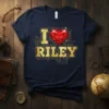 I Love Riley t-shirt with a red heart and gold lettering on a navy shirt