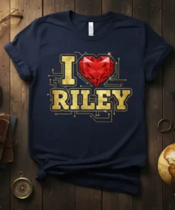 I Love Riley t-shirt with a red heart and gold lettering on a navy shirt