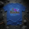 I Love Rocks t-shirt design with golden text, pickaxe, diamond, crystals, and fern graphic