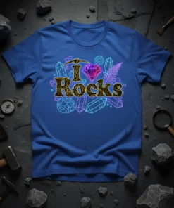 I Love Rocks t-shirt design with golden text, pickaxe, diamond, crystals, and fern graphic