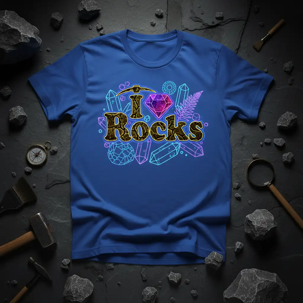 I Love Rocks t-shirt design featuring golden typography and geological crystal graphics