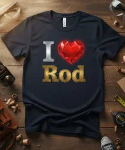 I Love Rod T-Shirt design featuring silver 'I', a red gemstone heart, and gold 'Rod' text