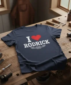 Navy t-shirt with "I Love Rodrick" text and a red heart graphic, featuring vintage typography
