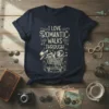 I LOVE ROMANTIC WALKS THROUGH text with a shopping cart graphic on a navy t-shirt