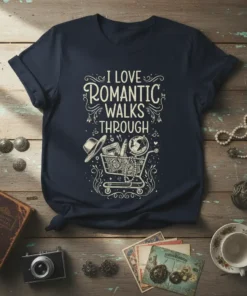 I LOVE ROMANTIC WALKS THROUGH text with a shopping cart graphic on a navy t-shirt