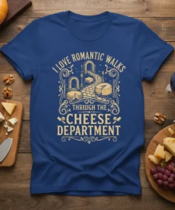 I Love Romantic Walks Through The Cheese Department t-shirt design featuring vintage style arches and cheese wheels