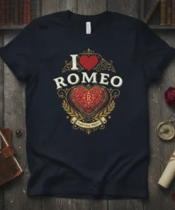 I ROMEO Established MMXX19 t-shirt with red heart and ornate crest design