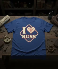 I Love Russ T-Shirt with heart compass and anchor graphic, vintage nautical theme, royal blue color