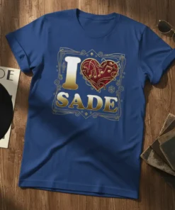 I Love Sade t-shirt design with gold text, red heart, and musical notes inside a decorative border