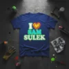 I Love Sam Sulek t-shirt with a golden heart graphic and graffiti-style text, navy blue color