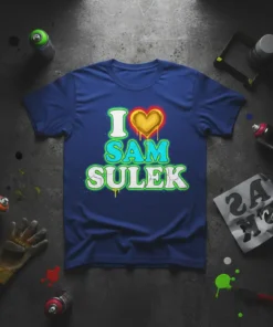 I Love Sam Sulek t-shirt with a golden heart graphic and graffiti-style text, navy blue color