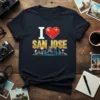 I Love San Jose t-shirt design with red heart and golden text, featuring a blue and white city skyline graphic