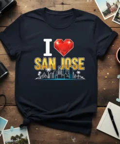 I Love San Jose t-shirt design with red heart and golden text, featuring a blue and white city skyline graphic