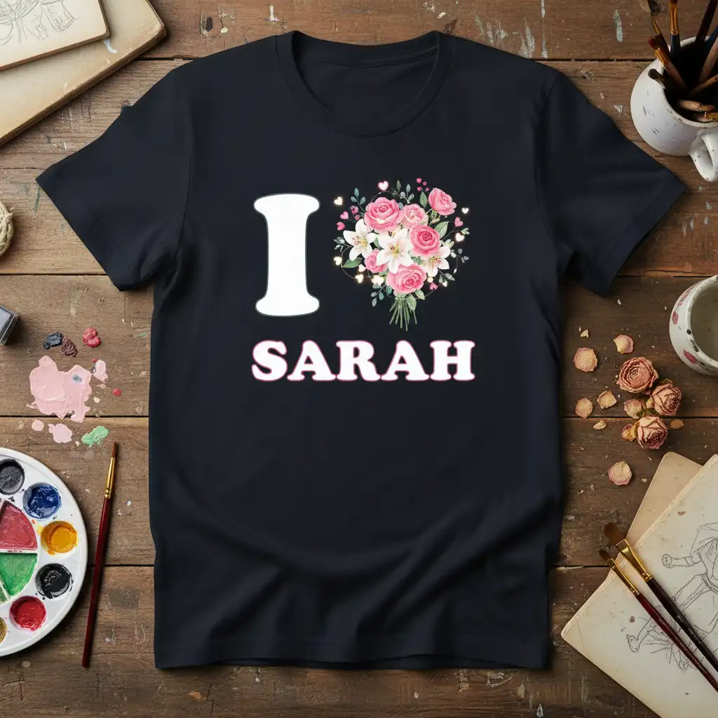 Personalized I Love Sarah t-shirt with a white 'I' and a pink floral heart graphic above the name 'Sarah'