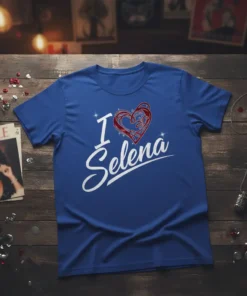 Blue t-shirt with "I Love Selena" text and a stylized heart graphic, celebrating the iconic singer Selena Quintanilla