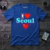 Blue t-shirt with "I Love Seoul" text and red heart graphics, designed for travel enthusiasts