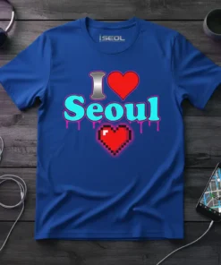 Blue t-shirt with "I Love Seoul" text and red heart graphics, designed for travel enthusiasts