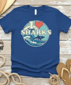 Blue t-shirt with "I Love Sharks" text and a vintage wave graphic featuring a shark