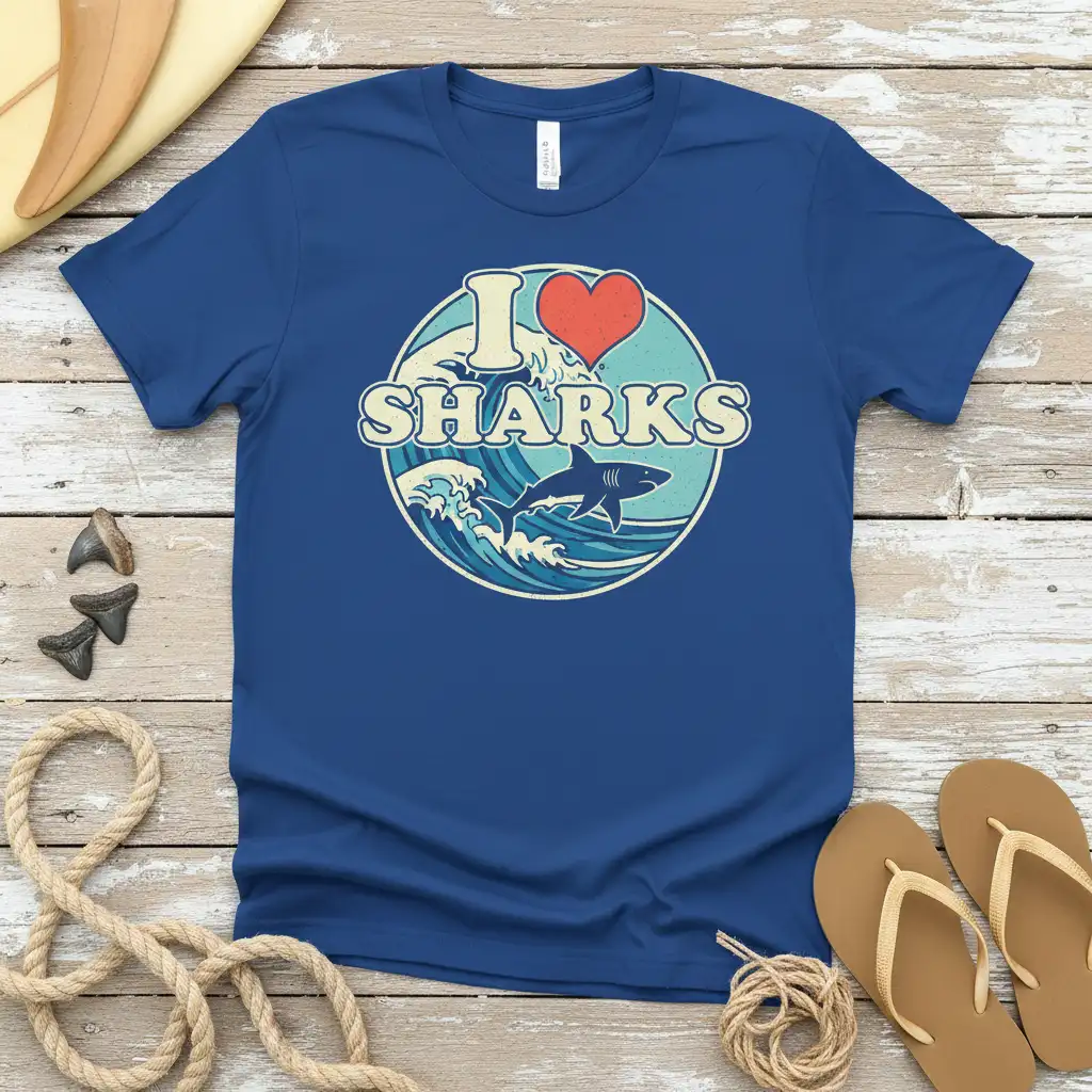 I Love Sharks text with vintage wave and shark graphic on a blue t-shirt