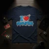 Navy t-shirt with blue graffiti-style text "SHOPLIFTING" and a red heart with a bomb fuse, reading "I Love Shoplifting"