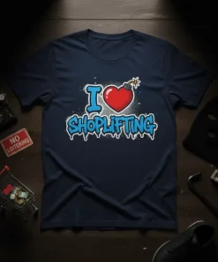 Navy t-shirt with blue graffiti-style text "SHOPLIFTING" and a red heart with a bomb fuse, reading "I Love Shoplifting"