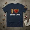 Navy blue t-shirt with "I Love Short Kings" text and a decorative gold and red heart graphic