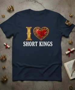 Navy blue t-shirt with "I Love Short Kings" text and a decorative gold and red heart graphic