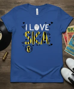 I LOVE SKA text design with black and yellow stripes on a blue t-shirt, featuring a silhouette of a musician