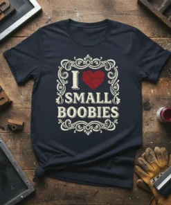 I Love Small Boobies T-Shirt featuring a distressed heart and vintage decorative border. This funny adult humor graphic tee is