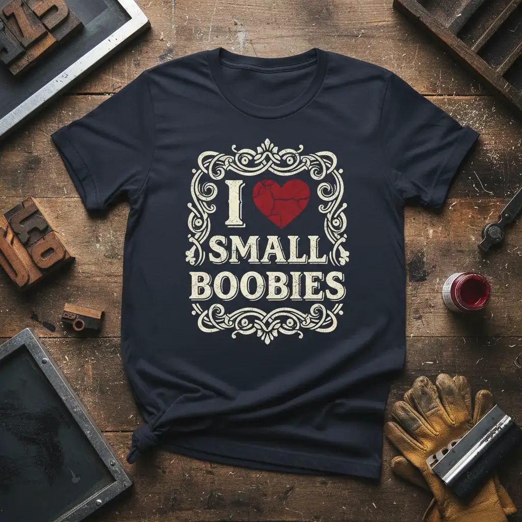 I Love Small Boobies graphic tee with vintage distressed heart and ornate border design