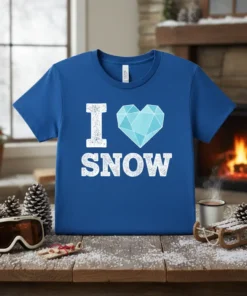 I Love Snow T-Shirt featuring white text "I" and "SNOW" with a blue diamond heart graphic, perfect for winter lovers