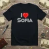I Love Sofia T-Shirt with a red heart and stylized text, perfect for Bulgarian city pride