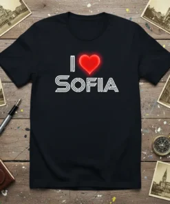 I Love Sofia T-Shirt with a red heart and stylized text, perfect for Bulgarian city pride