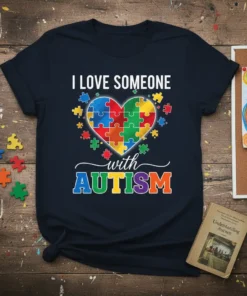 I Love Someone with Autism text and puzzle heart graphic on a navy blue t-shirt, autism awareness design
