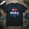 Black t-shirt with "I Love Sosa" text, featuring a red gem heart and a futuristic circuit board graphic