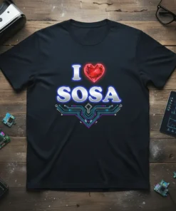 Black t-shirt with "I Love Sosa" text, featuring a red gem heart and a futuristic circuit board graphic