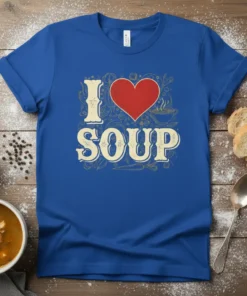 I Love Soup text design with a red heart and decorative elements, printed on a blue t-shirt