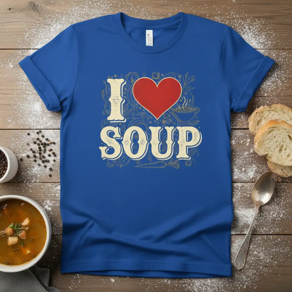 I Love Soup quote design with red heart graphic on a blue t-shirt, perfect for soup lovers