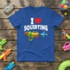 I Love Squiring T-Shirt with a red heart and a green and yellow water gun shooting blue water